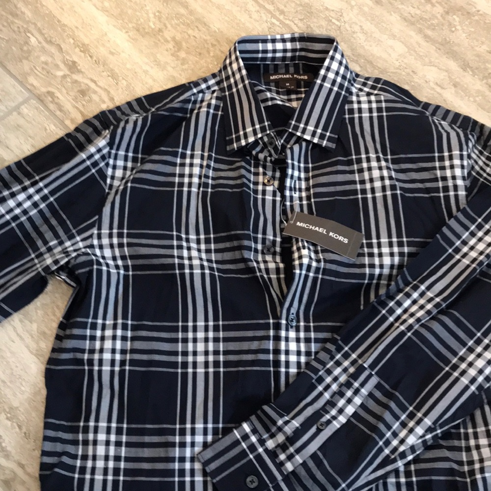 Michael Kors mens shirt plaid midnight blue stripe